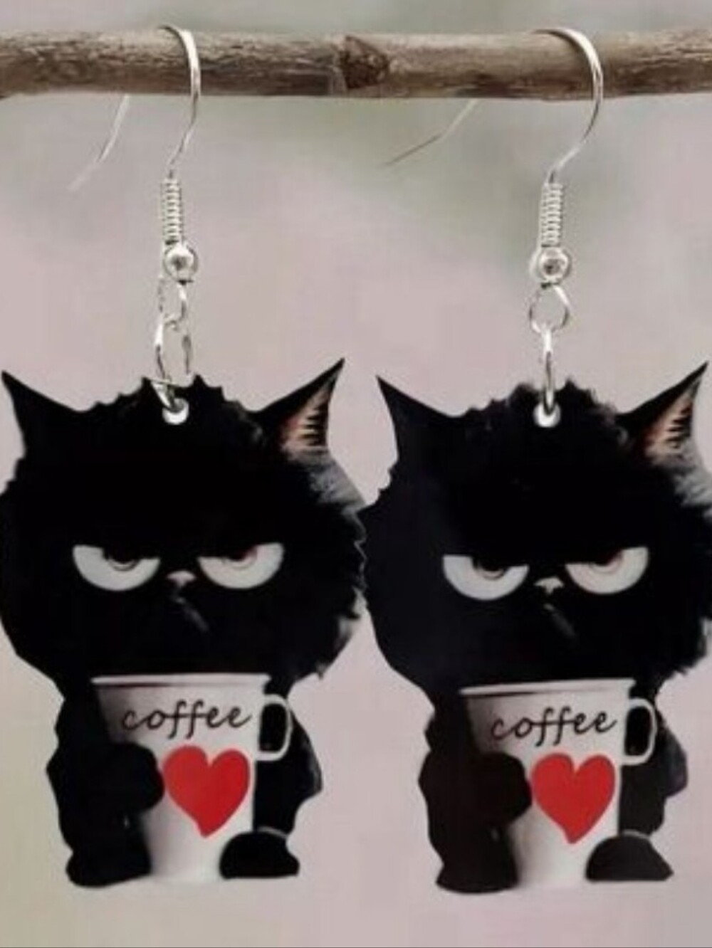 Black cat holding a coffee dangle earrings - Picture 5 of 6